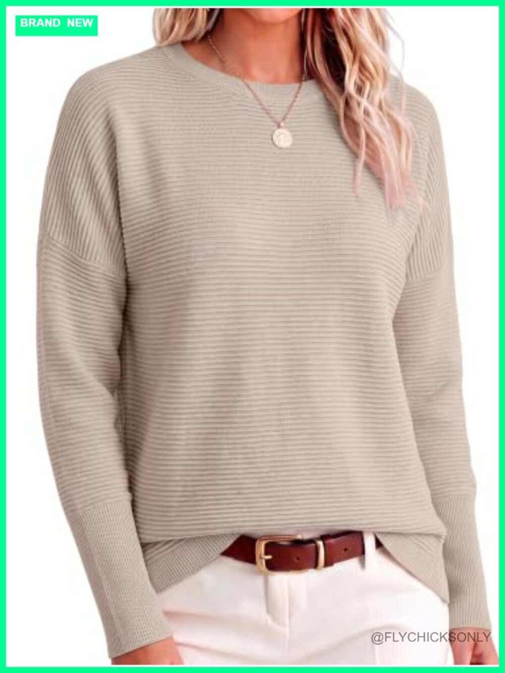 Oversized Ribbed Knit Sweater with Batwing Sleeves and Crew Neck